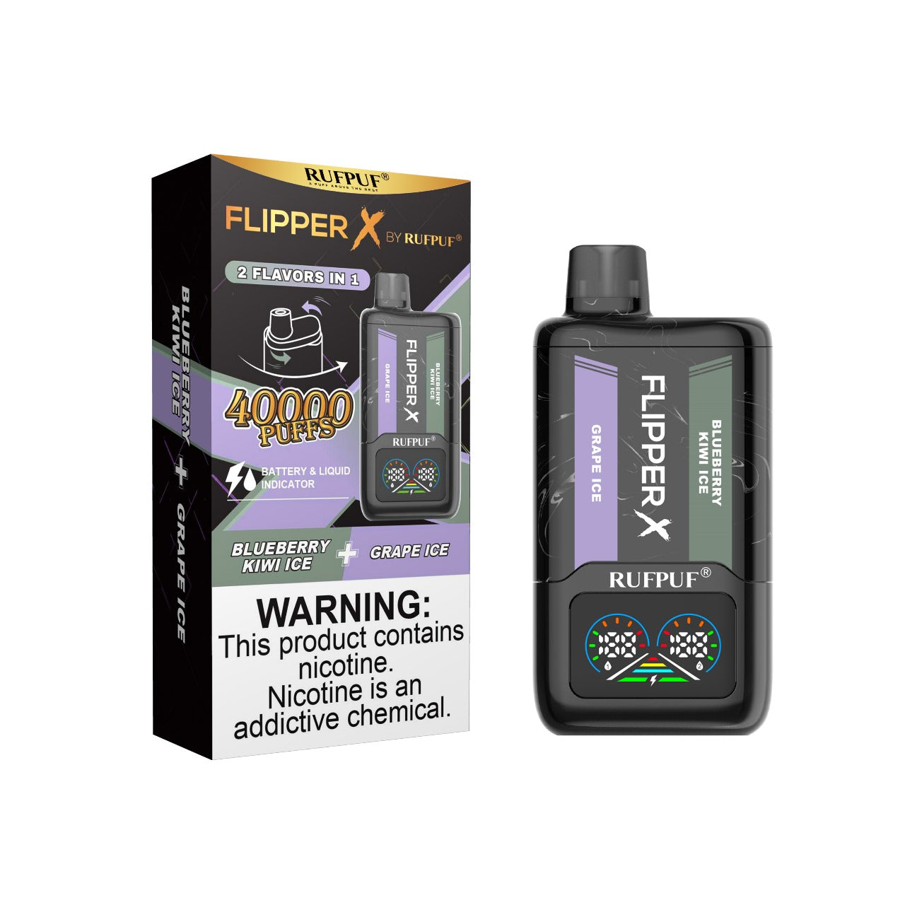 Flipper X By Rufpuf Blueberry Kiwi Ice + Grape Ice - 40,000 Puffs Disposable