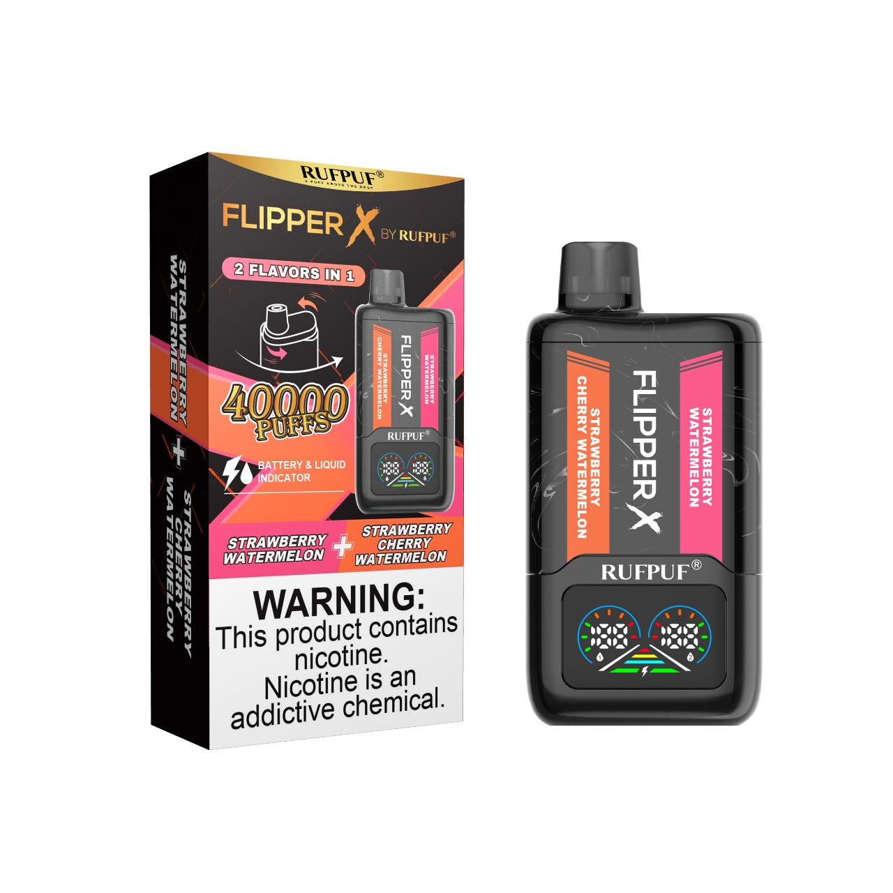 Flipper X By Rufpuf Strawberry Watermelon + Strawberry Cherry Watermelon Ice - 40,000 Puffs Disposable