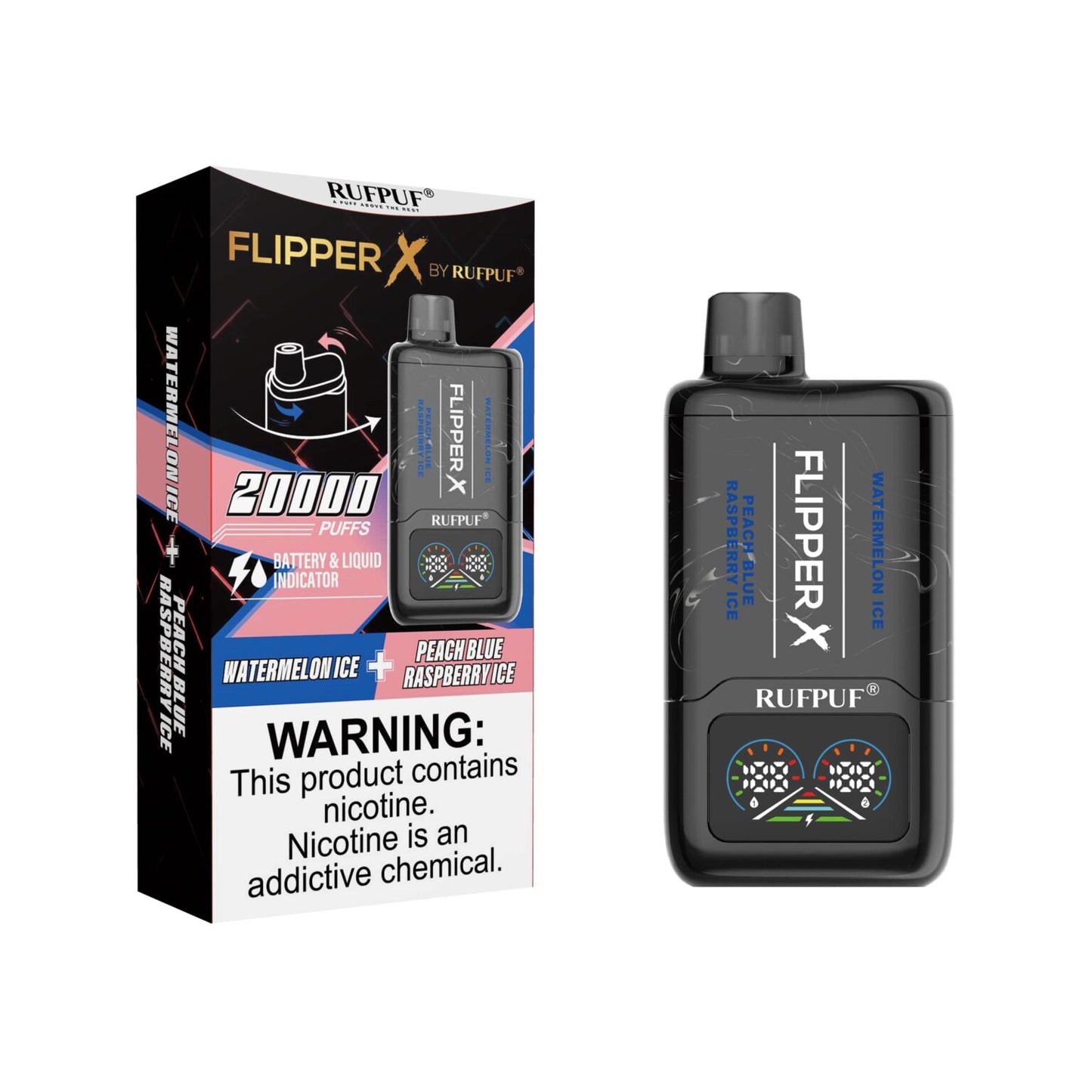Flipper X By Rufpuf Peach Blue Raspberry Ice + Watermelon Ice - 20,000 Puffs Disposable