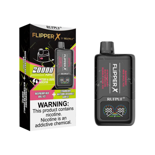 Flipper X By Rufpuf Strawberry Watermelon Bubblegum Ice + Raspberry Redbull Ice - 20,000 Puffs Disposable
